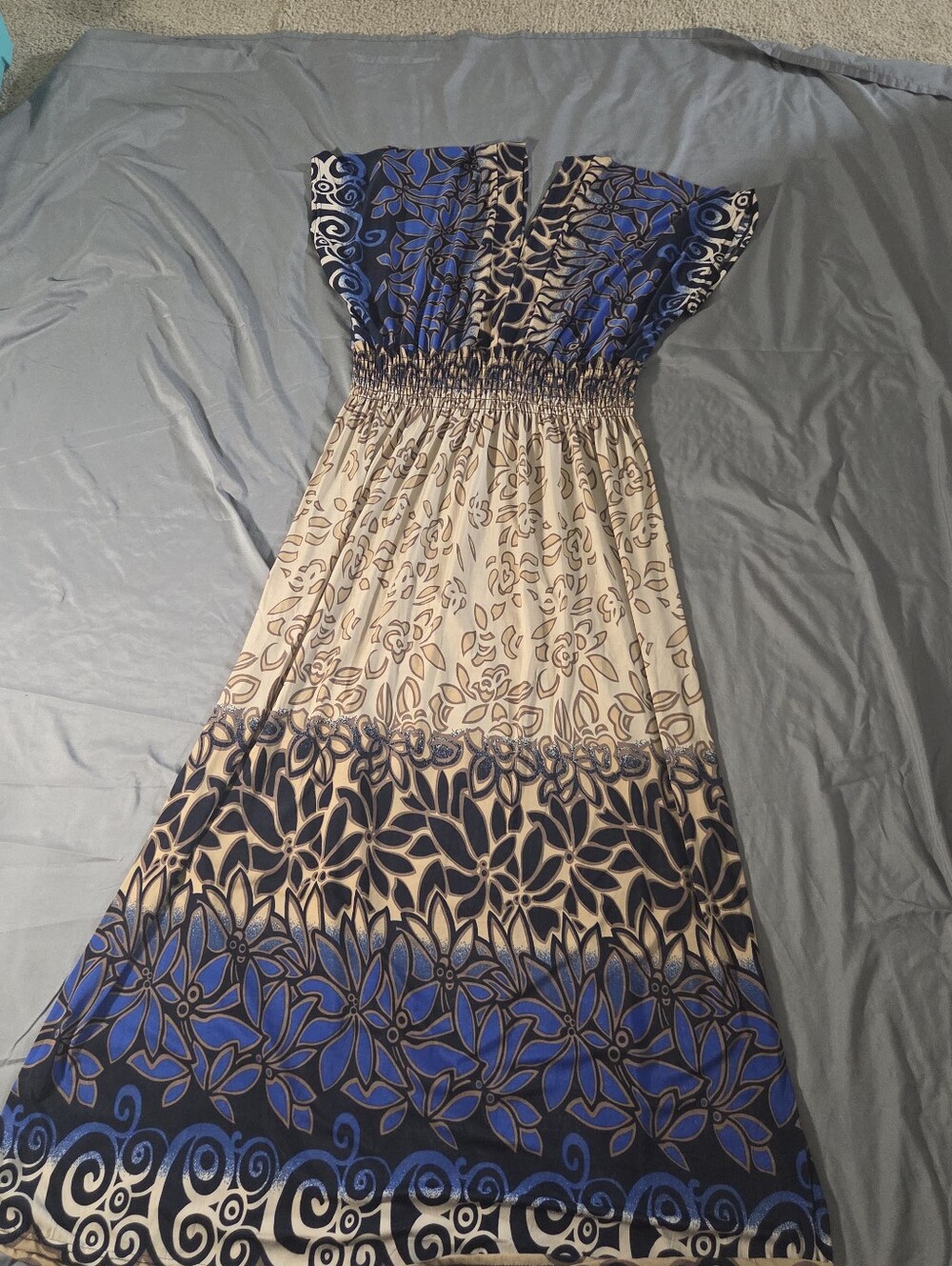 Plus Size Blue and Cream Floral Strapless Maxi Dress 2x